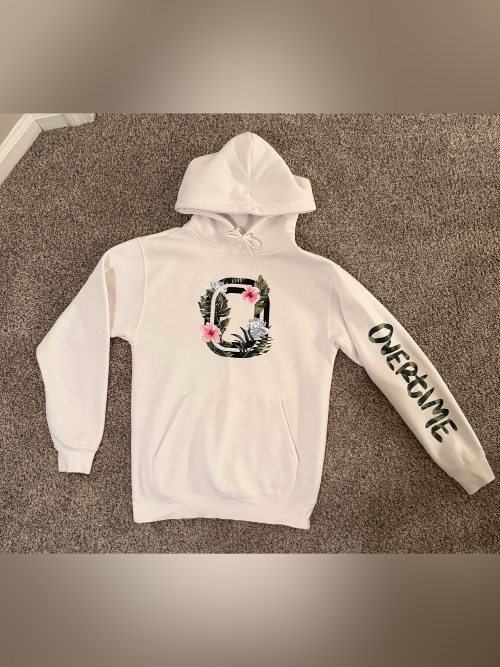 Overtime Unisex White Floral Hoodie (never worn)